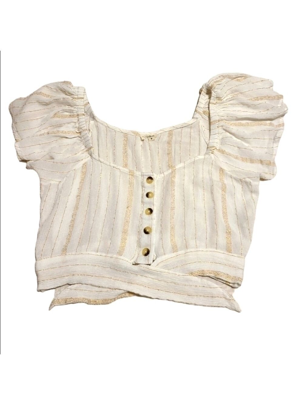 Rebellion Again Striped  Festival Crop Top Short Sleeves Gauze Knot White Gold